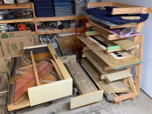 Baldwin spinet disassembled in Tom Lepinski's ABQ shop.